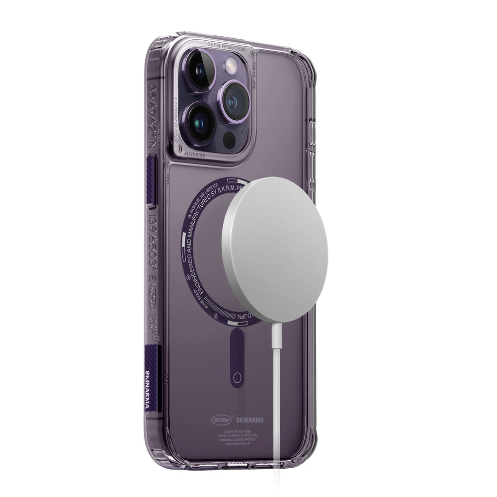iPhone 14 Pro Max Kılıf SkinArma Şeffaf Airbag Tasarımlı Magsafe Şarj Özellikli Saido Kılıf Mor