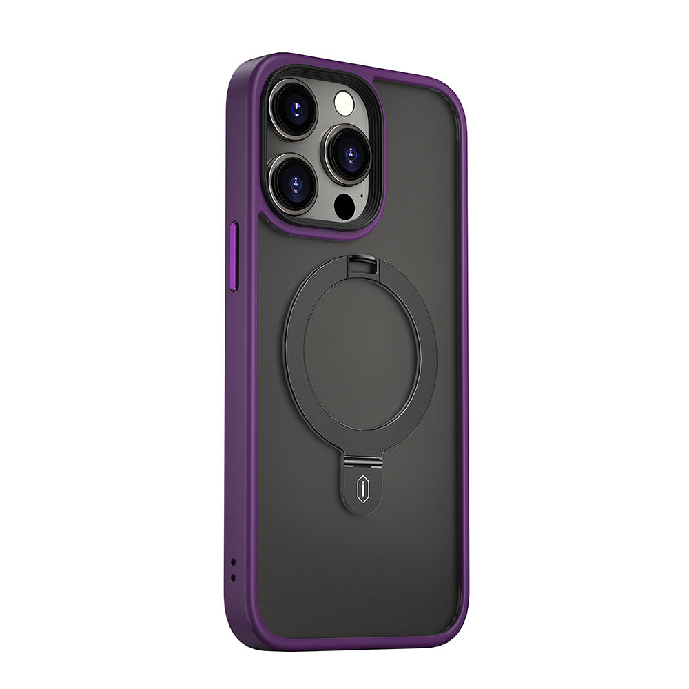 iPhone 14 Pro Max Kılıf Wiwu ZMM-010 Magsafe Şarj Özellikli Parmak İzi Bırakmayan Mat Transparan Standlı Kılıf Derin Mor