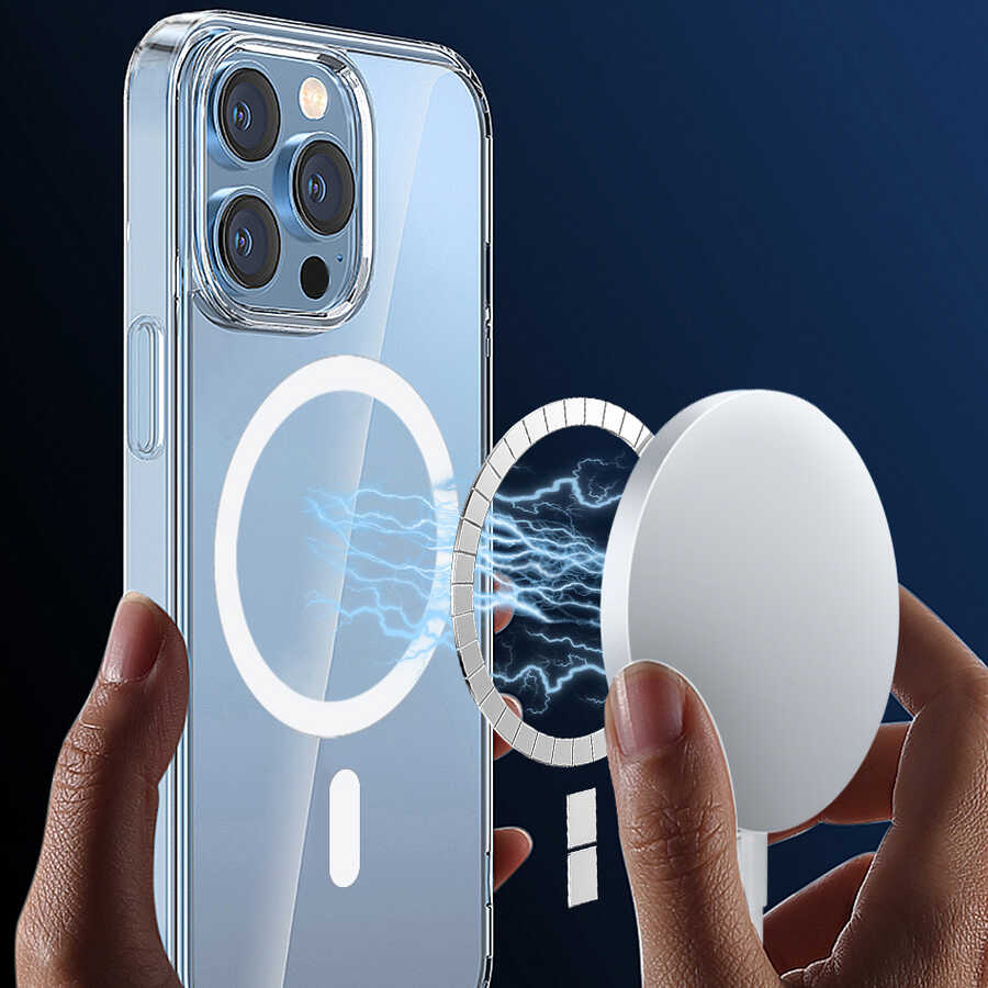 iPhone 14 Pro Max Wiwu Magsafe Şarj Özellikli Lens Korumalı Şeffaf Silikon Kılıf Siyah