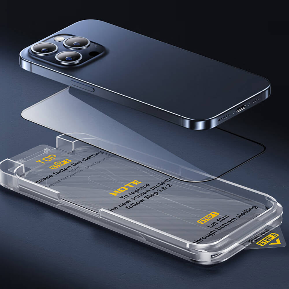 iPhone 14 Pro Max Wiwu SQ-008 Oleofobik Easy Install Darbeye Karşı Dayanıklı Temperli Cam Ekran Koruyucu + Kolay Uygulama Aparatlı Siyah