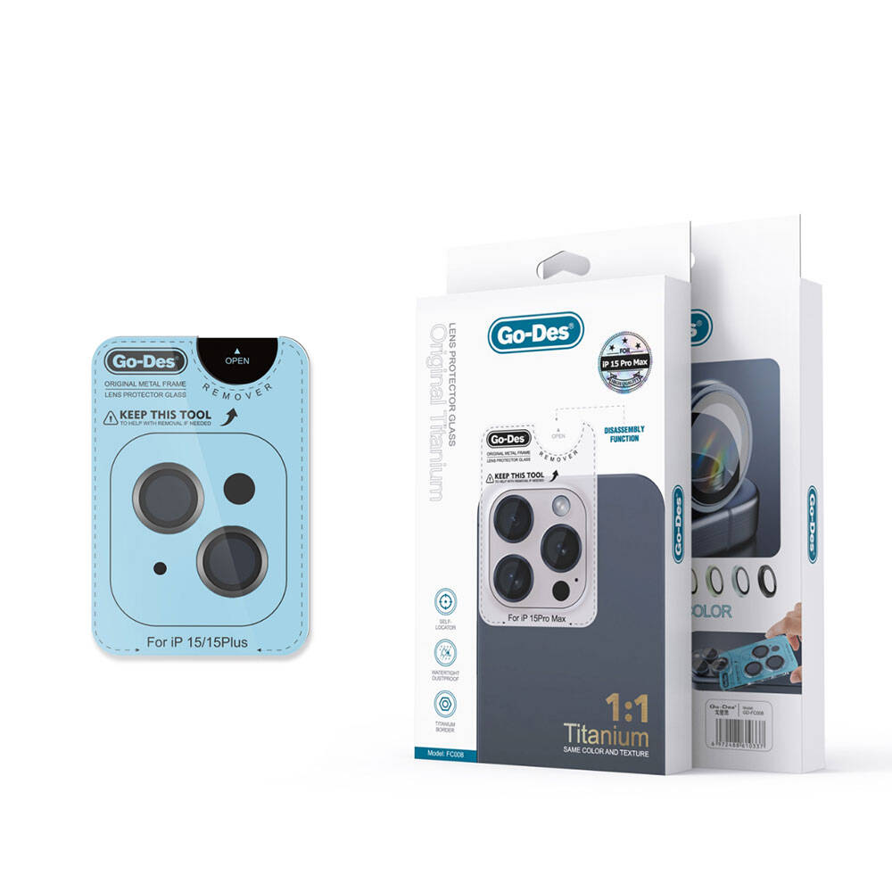 iPhone 15 Go Des Titanium Premium Temperli Kamera Lens Koruyucu Siyah