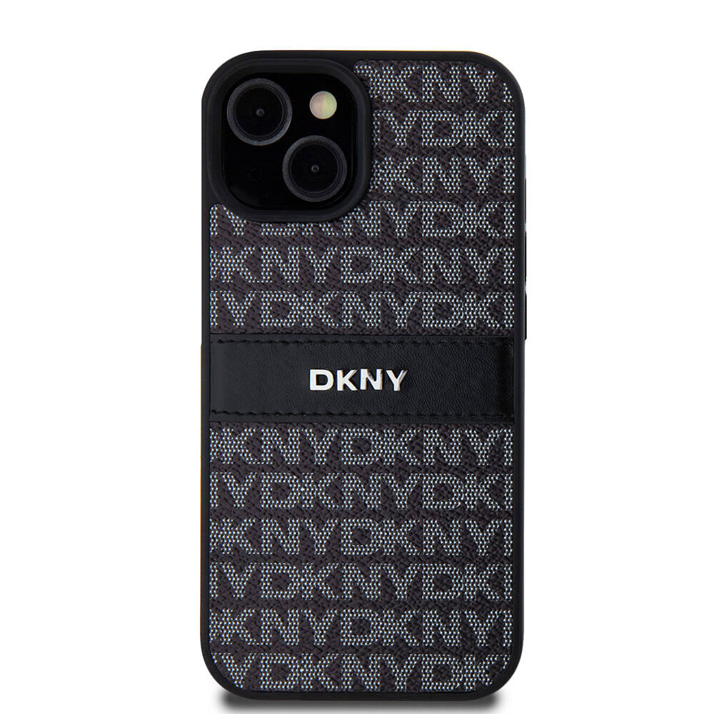 iPhone 15 Kılıf DKNY Orjinal Lisanslı 3D Yazılı Repeat Texture Pattern Kılıf Siyah