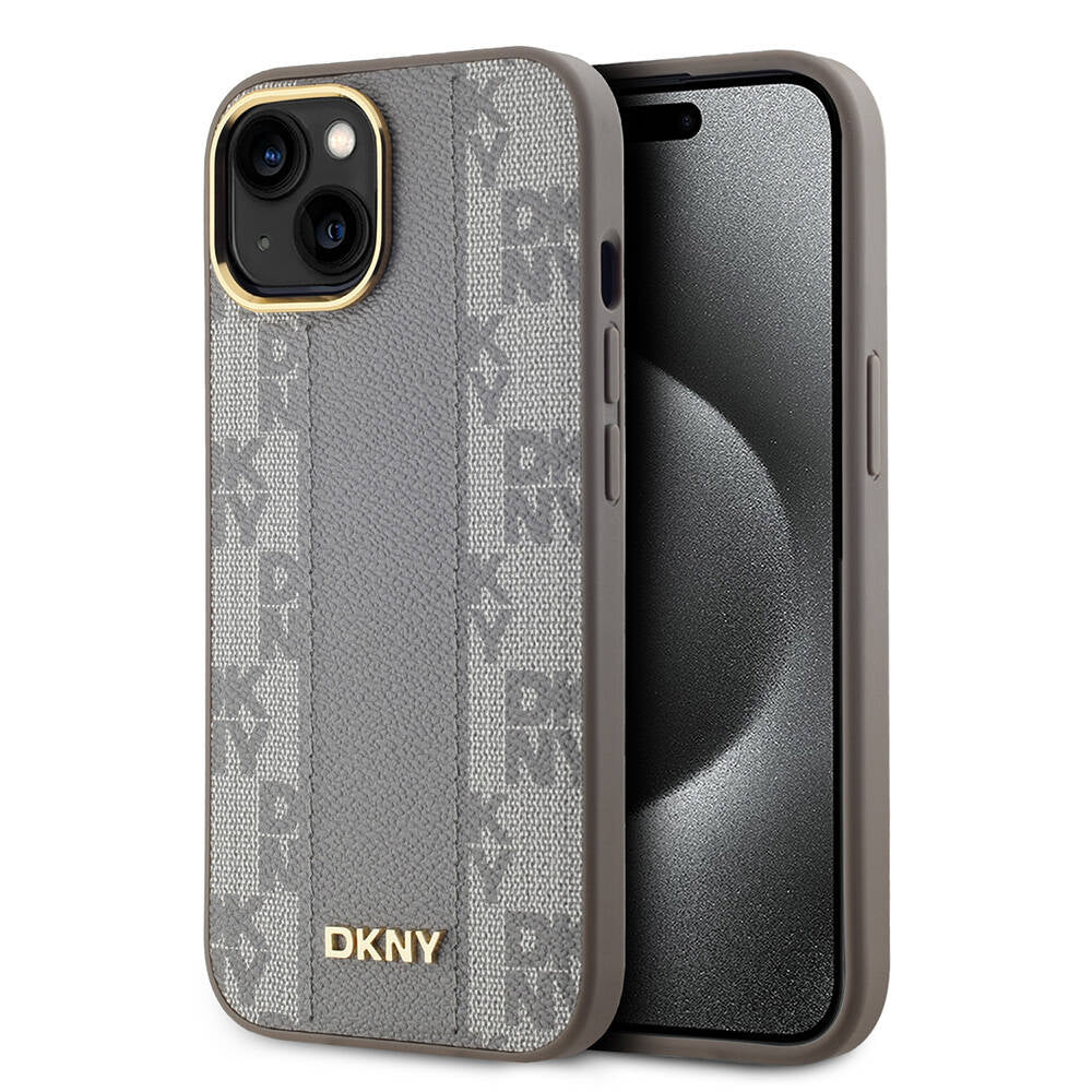 iPhone 15 Kılıf DKNY Orjinal Lisanslı MagSafe Şarj Özellikli 3D Yazılı Checkered Pattern Kılıf Siyah