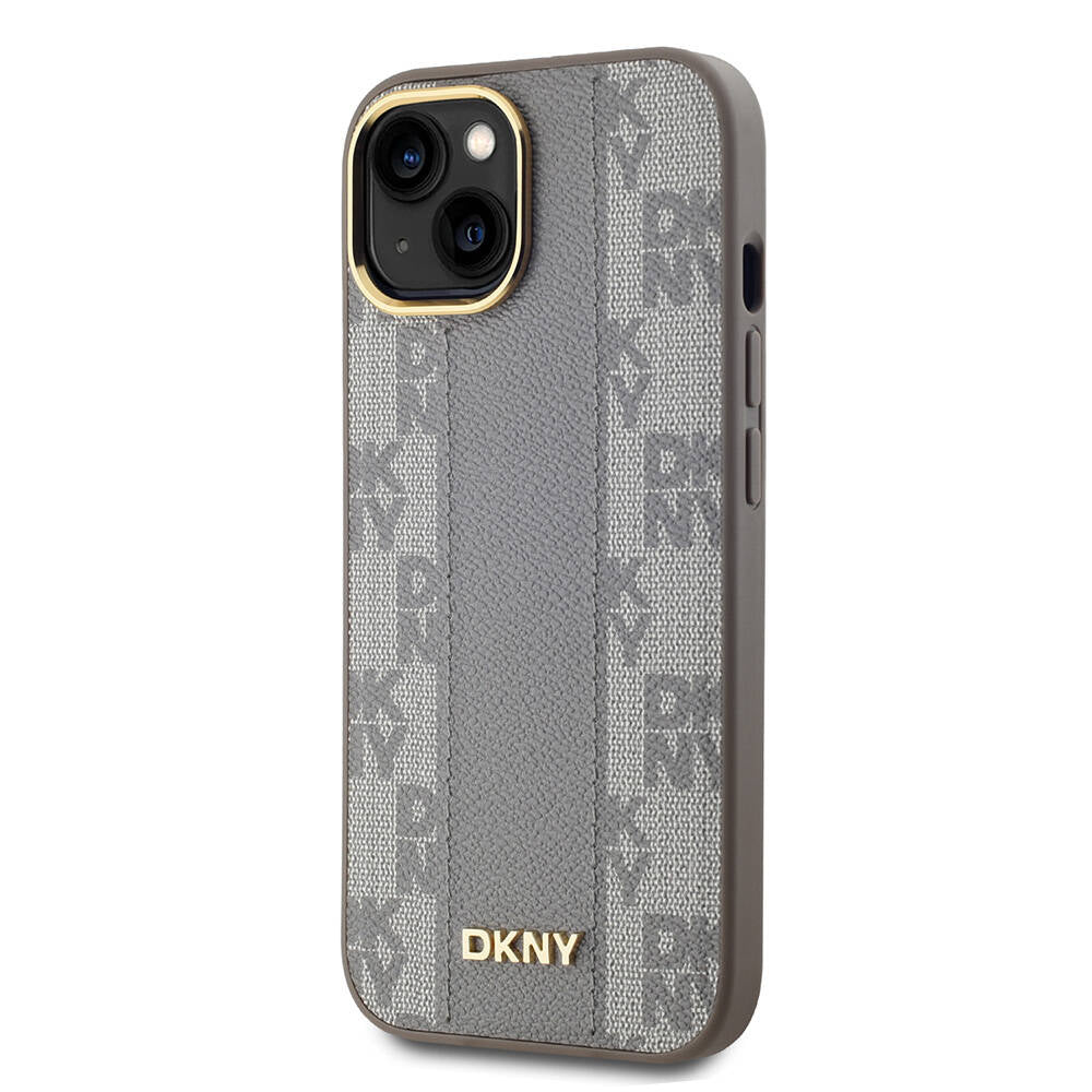 iPhone 15 Kılıf DKNY Orjinal Lisanslı MagSafe Şarj Özellikli 3D Yazılı Checkered Pattern Kılıf Krem