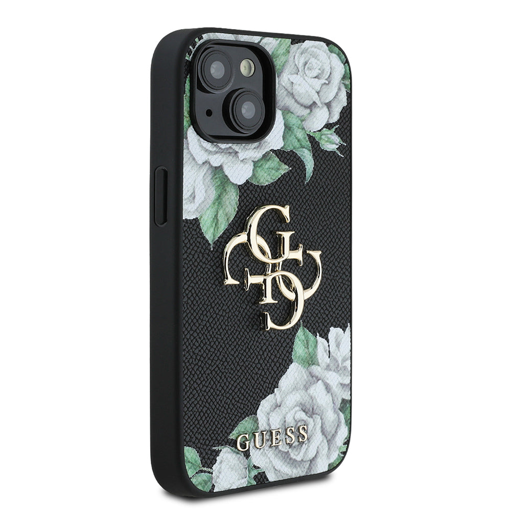 Apple iPhone 15 Kılıf Guess Orjinal Lisanslı Gül Baskılı Büyük Metal Logo Dizaynlı Kapak Siyah
