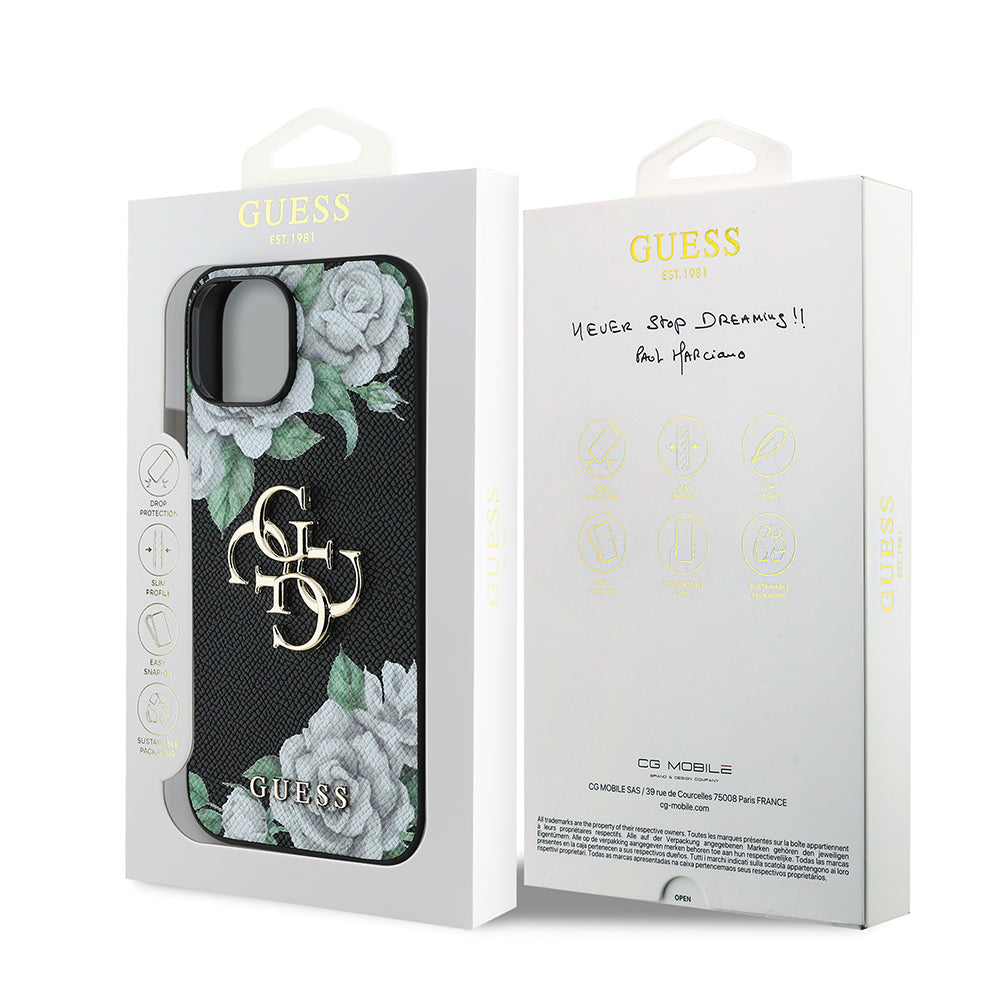 Apple iPhone 15 Kılıf Guess Orjinal Lisanslı Gül Baskılı Büyük Metal Logo Dizaynlı Kapak Siyah