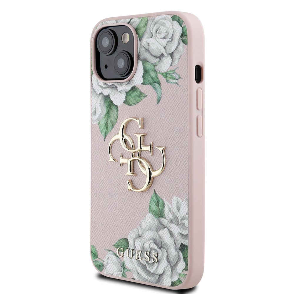 Apple iPhone 15 Kılıf Guess Orjinal Lisanslı Gül Baskılı Büyük Metal Logo Dizaynlı Kapak Siyah