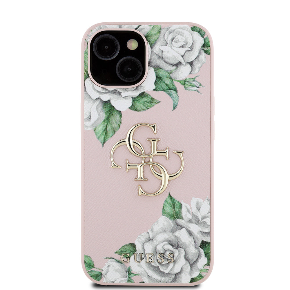 Apple iPhone 15 Kılıf Guess Orjinal Lisanslı Gül Baskılı Büyük Metal Logo Dizaynlı Kapak Siyah