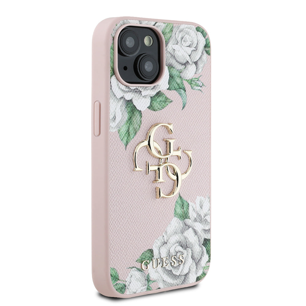 Apple iPhone 15 Kılıf Guess Orjinal Lisanslı Gül Baskılı Büyük Metal Logo Dizaynlı Kapak Siyah