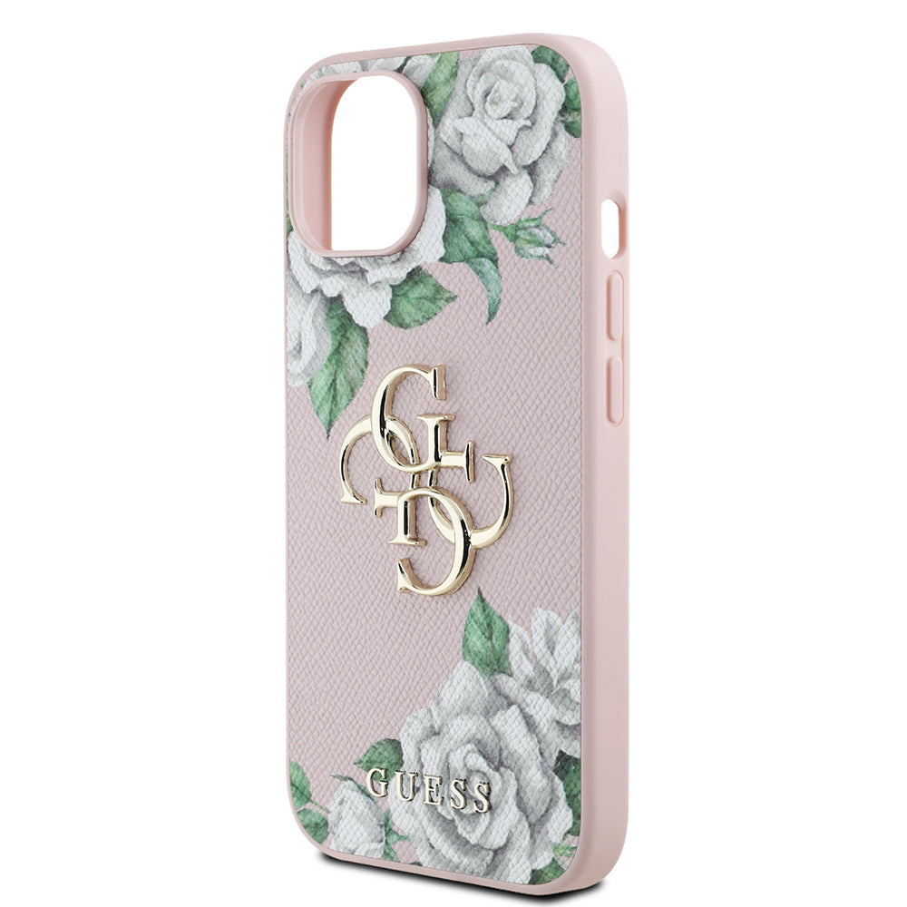 Apple iPhone 15 Kılıf Guess Orjinal Lisanslı Gül Baskılı Büyük Metal Logo Dizaynlı Kapak Pembe