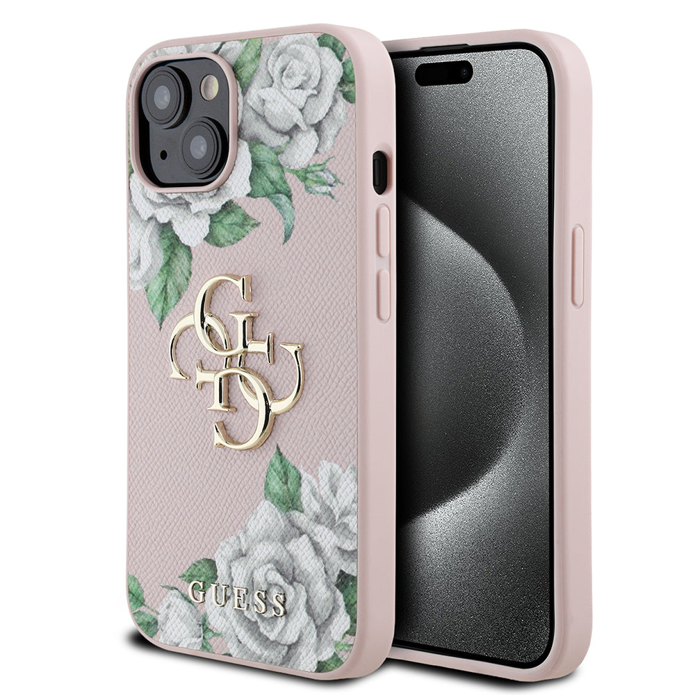 Apple iPhone 15 Kılıf Guess Orjinal Lisanslı Gül Baskılı Büyük Metal Logo Dizaynlı Kapak Pembe