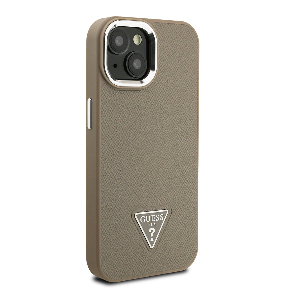 Apple iPhone 15 Kılıf Guess Orjinal Lisanslı M-safe Şarj Özellikli Grained Triangle Kapak Kahverengi
