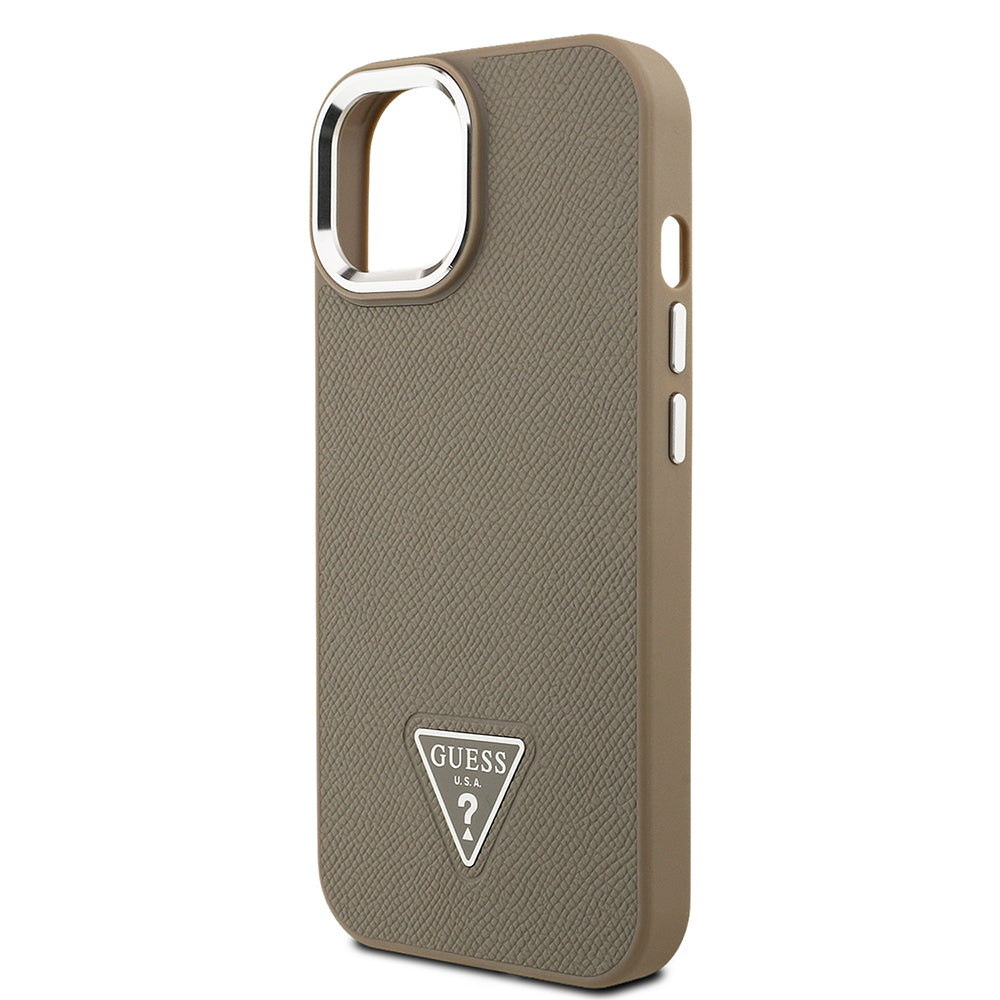 Apple iPhone 15 Kılıf Guess Orjinal Lisanslı M-safe Şarj Özellikli Grained Triangle Kapak Kahverengi