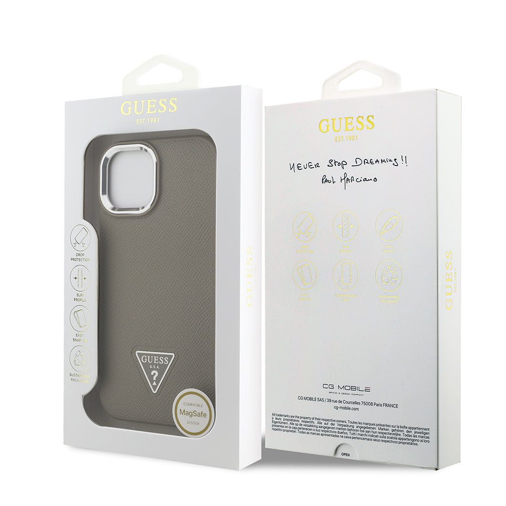 Apple iPhone 15 Kılıf Guess Orjinal Lisanslı M-safe Şarj Özellikli Grained Triangle Kapak Kahverengi