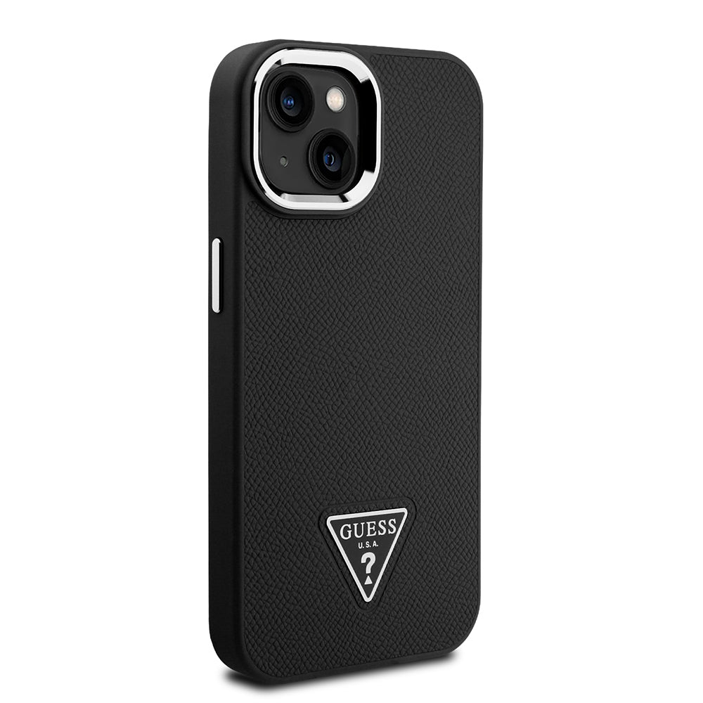 Apple iPhone 15 Kılıf Guess Orjinal Lisanslı M-safe Şarj Özellikli Grained Triangle Kapak Siyah