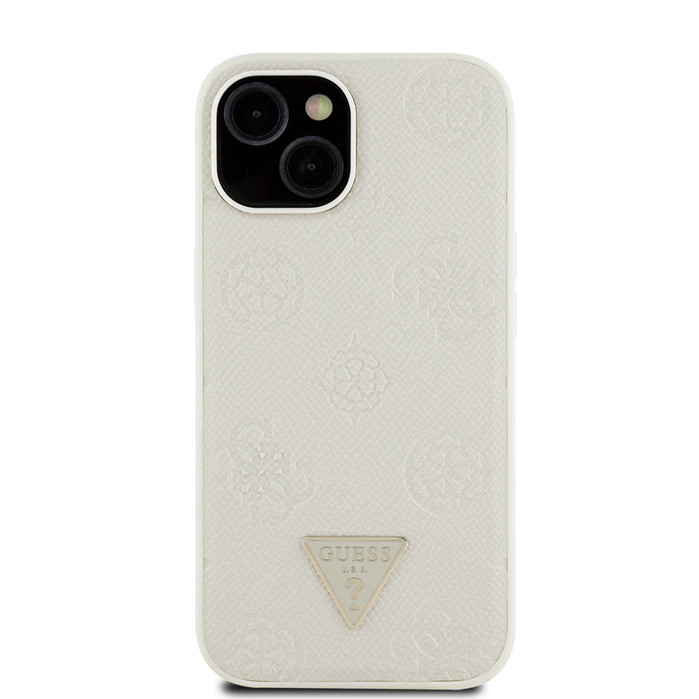 Apple iPhone 15 Kılıf Guess Orjinal Lisanslı M-safe Şarj Özellikli Sıcak Baskılı Üçgen Logolu PU Deri Peony Kapak Bej