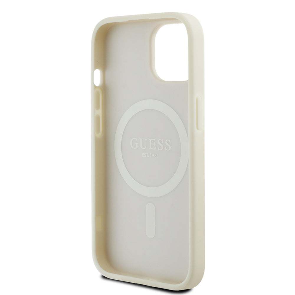 Apple iPhone 15 Kılıf Guess Orjinal Lisanslı M-safe Şarj Özellikli Sıcak Baskılı Üçgen Logolu PU Deri Peony Kapak Pembe