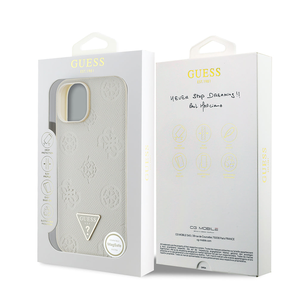 Apple iPhone 15 Kılıf Guess Orjinal Lisanslı M-safe Şarj Özellikli Sıcak Baskılı Üçgen Logolu PU Deri Peony Kapak Pembe