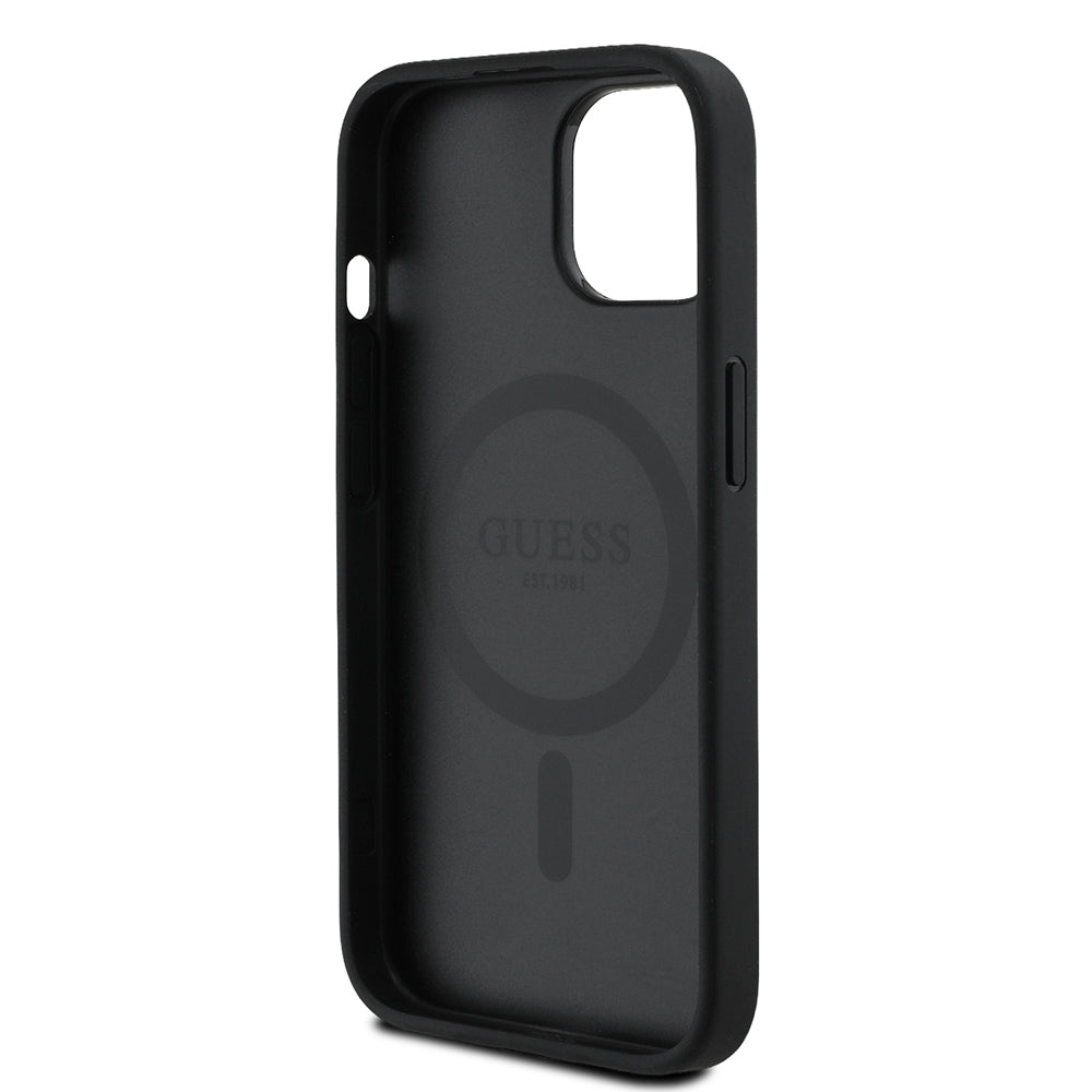 Apple iPhone 15 Kılıf Guess Orjinal Lisanslı M-safe Şarj Özellikli Sıcak Baskılı Üçgen Logolu PU Deri Peony Kapak Pembe