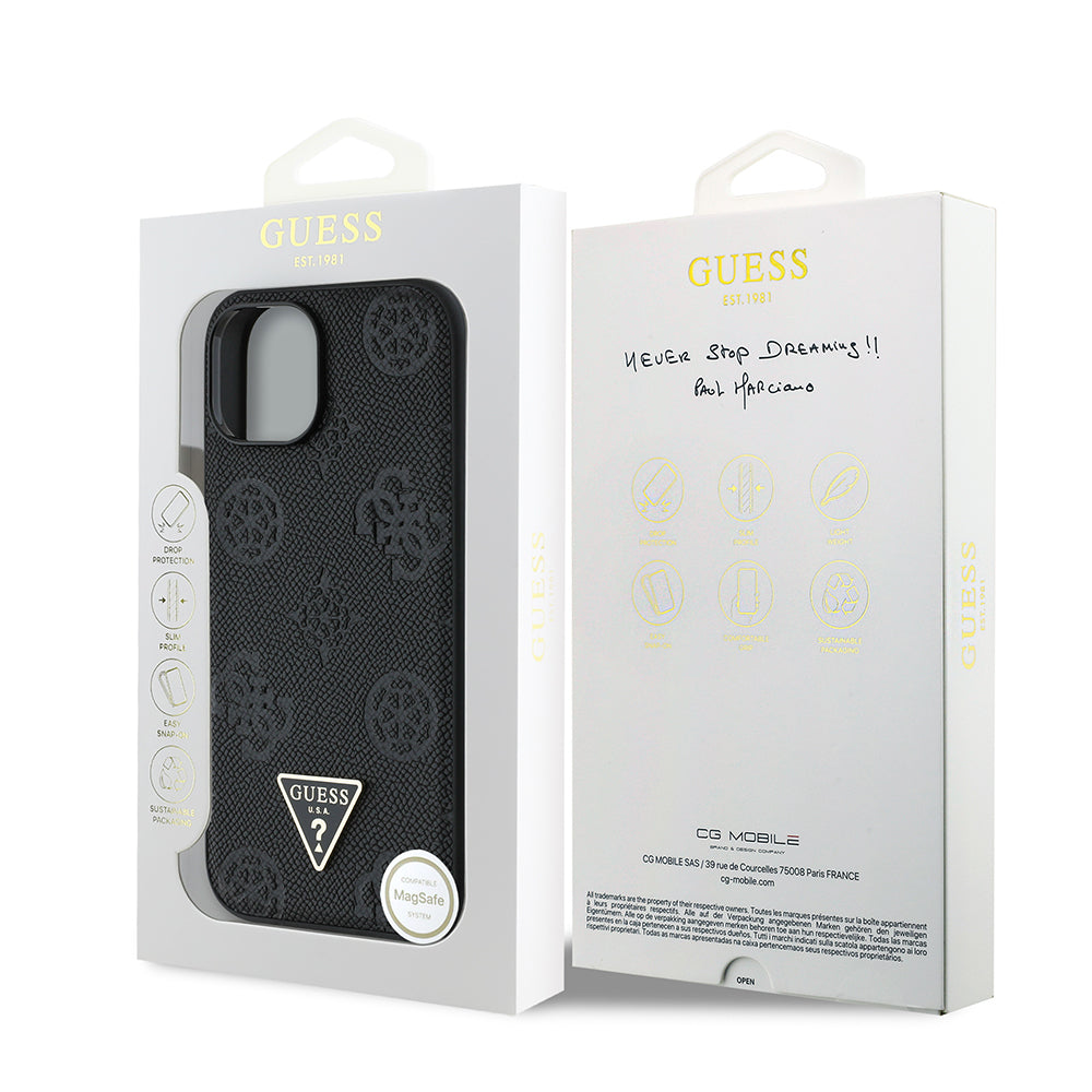 Apple iPhone 15 Kılıf Guess Orjinal Lisanslı M-safe Şarj Özellikli Sıcak Baskılı Üçgen Logolu PU Deri Peony Kapak Pembe