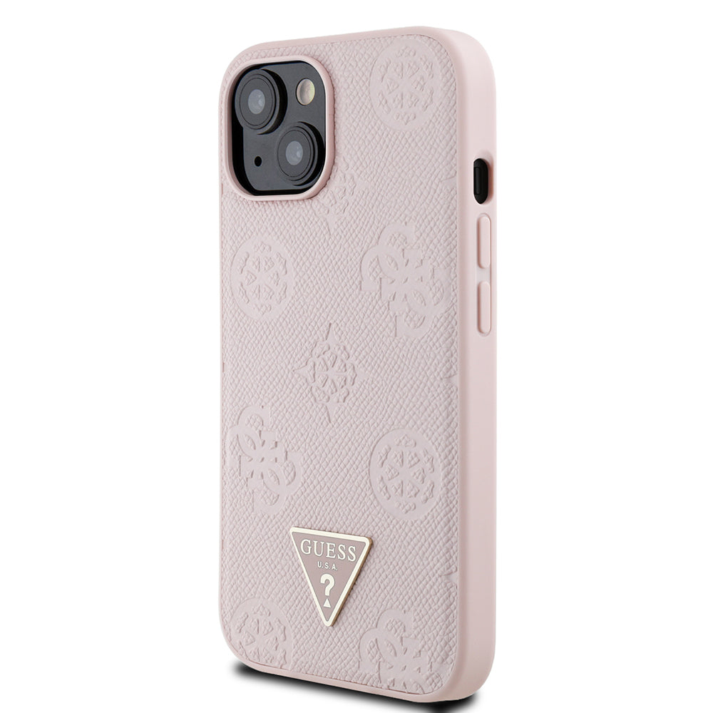 Apple iPhone 15 Kılıf Guess Orjinal Lisanslı M-safe Şarj Özellikli Sıcak Baskılı Üçgen Logolu PU Deri Peony Kapak Bej