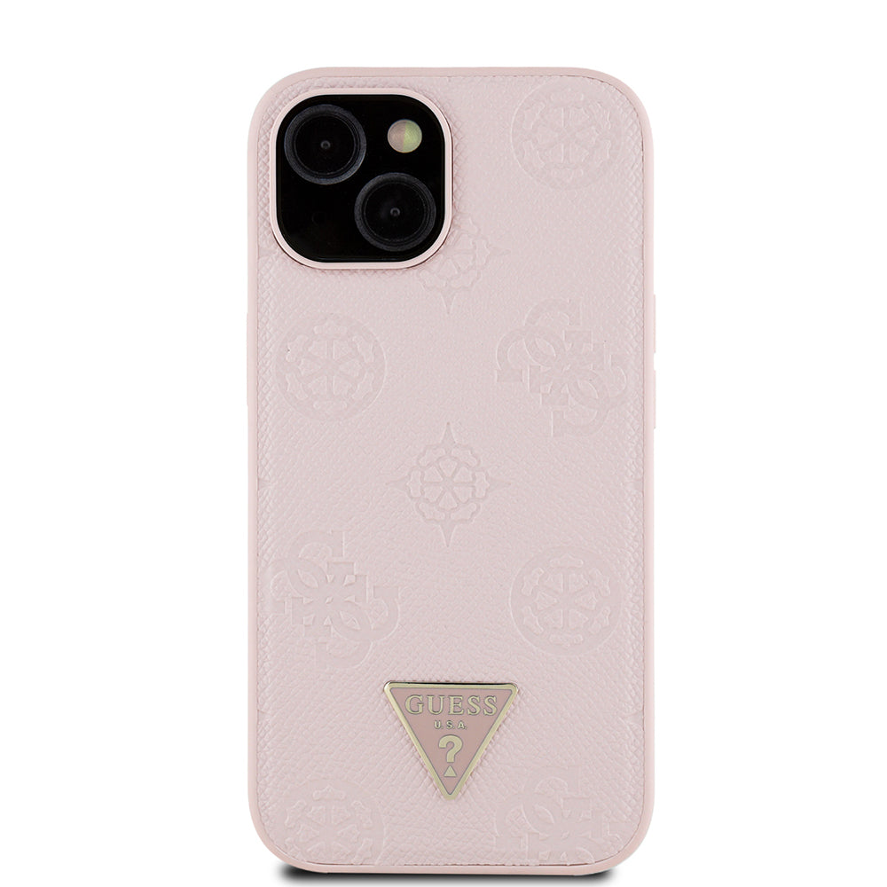 Apple iPhone 15 Kılıf Guess Orjinal Lisanslı M-safe Şarj Özellikli Sıcak Baskılı Üçgen Logolu PU Deri Peony Kapak Bej