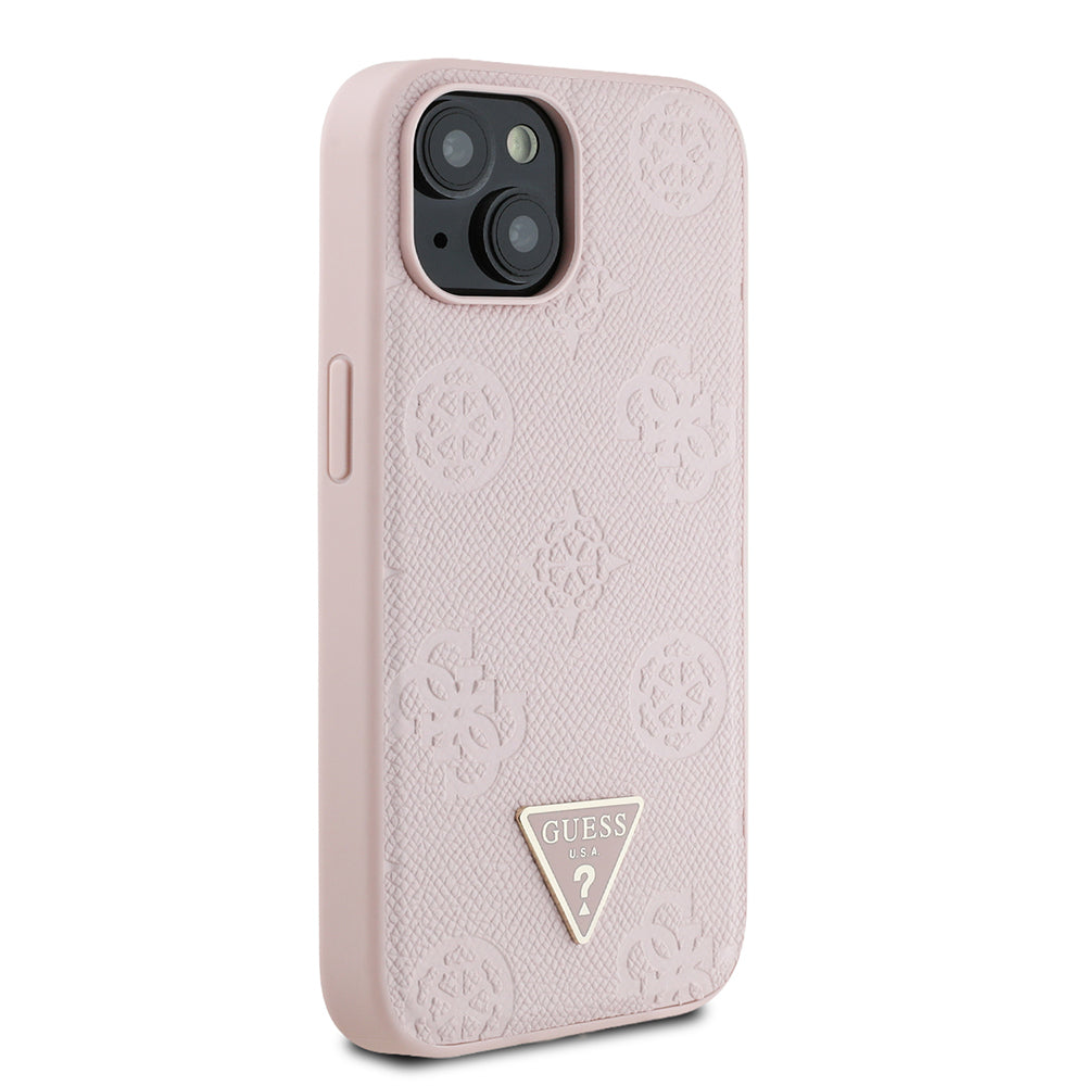 Apple iPhone 15 Kılıf Guess Orjinal Lisanslı M-safe Şarj Özellikli Sıcak Baskılı Üçgen Logolu PU Deri Peony Kapak Pembe