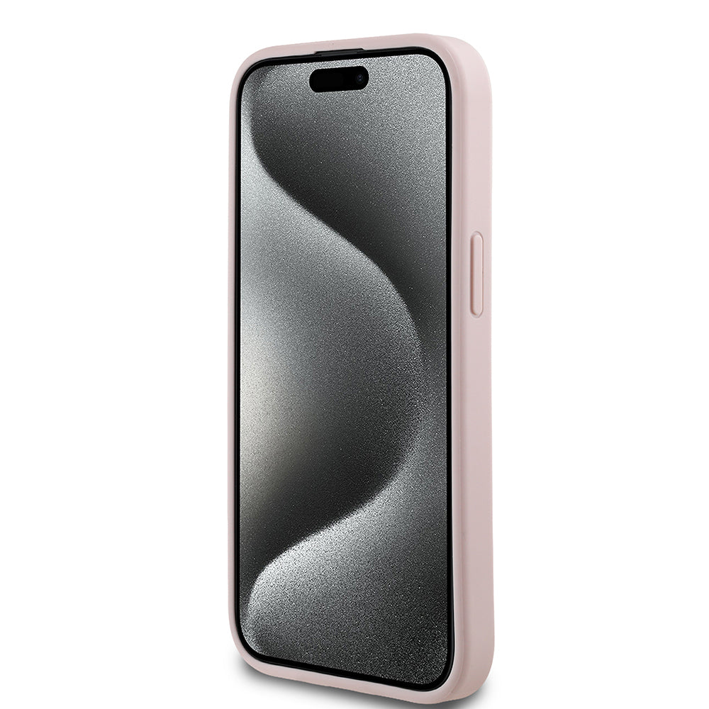 Apple iPhone 15 Kılıf Guess Orjinal Lisanslı M-safe Şarj Özellikli Sıcak Baskılı Üçgen Logolu PU Deri Peony Kapak Bej