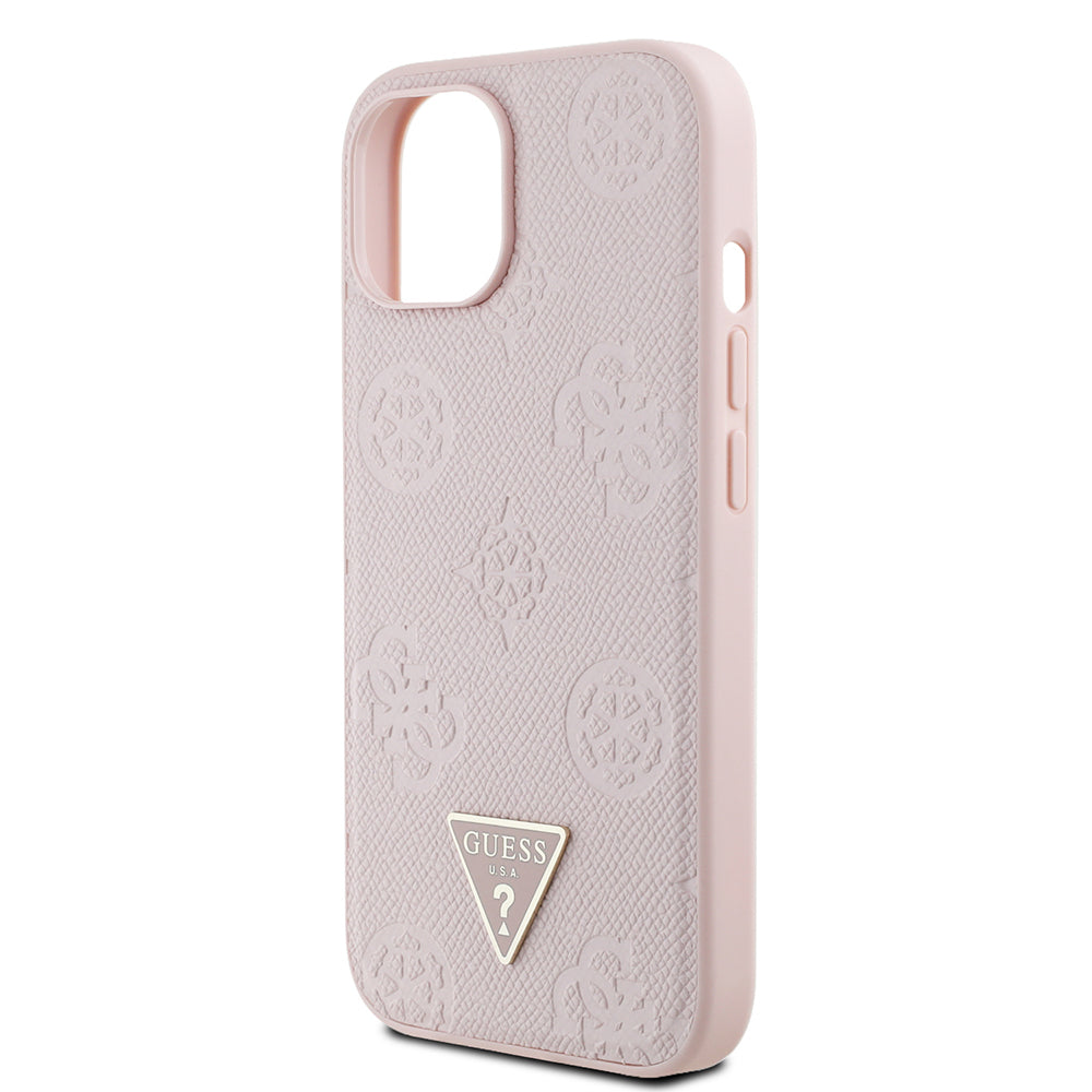 Apple iPhone 15 Kılıf Guess Orjinal Lisanslı M-safe Şarj Özellikli Sıcak Baskılı Üçgen Logolu PU Deri Peony Kapak Pembe