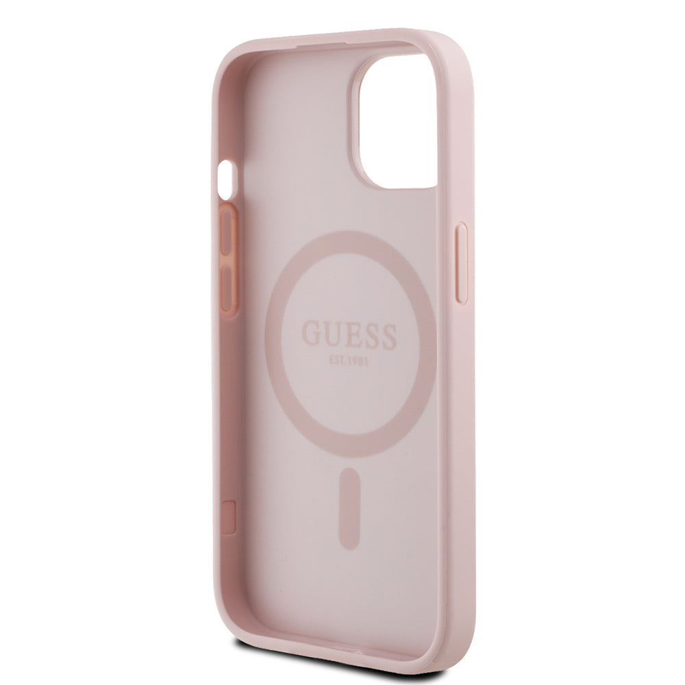 Apple iPhone 15 Kılıf Guess Orjinal Lisanslı M-safe Şarj Özellikli Sıcak Baskılı Üçgen Logolu PU Deri Peony Kapak Bej