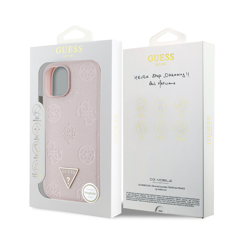 Apple iPhone 15 Kılıf Guess Orjinal Lisanslı M-safe Şarj Özellikli Sıcak Baskılı Üçgen Logolu PU Deri Peony Kapak Bej