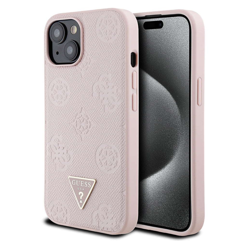 Apple iPhone 15 Kılıf Guess Orjinal Lisanslı M-safe Şarj Özellikli Sıcak Baskılı Üçgen Logolu PU Deri Peony Kapak Pembe