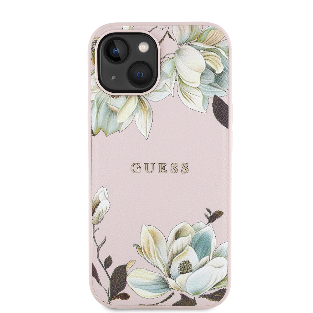 Apple iPhone 15 Kılıf Guess Orjinal Lisanslı M-safe Şarj Özellikli Taneli Çiçek Tasarımlı Metal Yazı Logolu Kapak Pembe