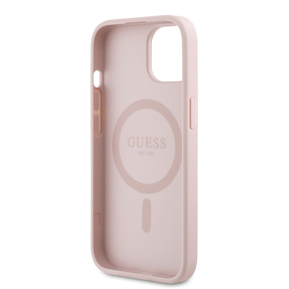Apple iPhone 15 Kılıf Guess Orjinal Lisanslı M-safe Şarj Özellikli Taneli Çiçek Tasarımlı Metal Yazı Logolu Kapak Pembe