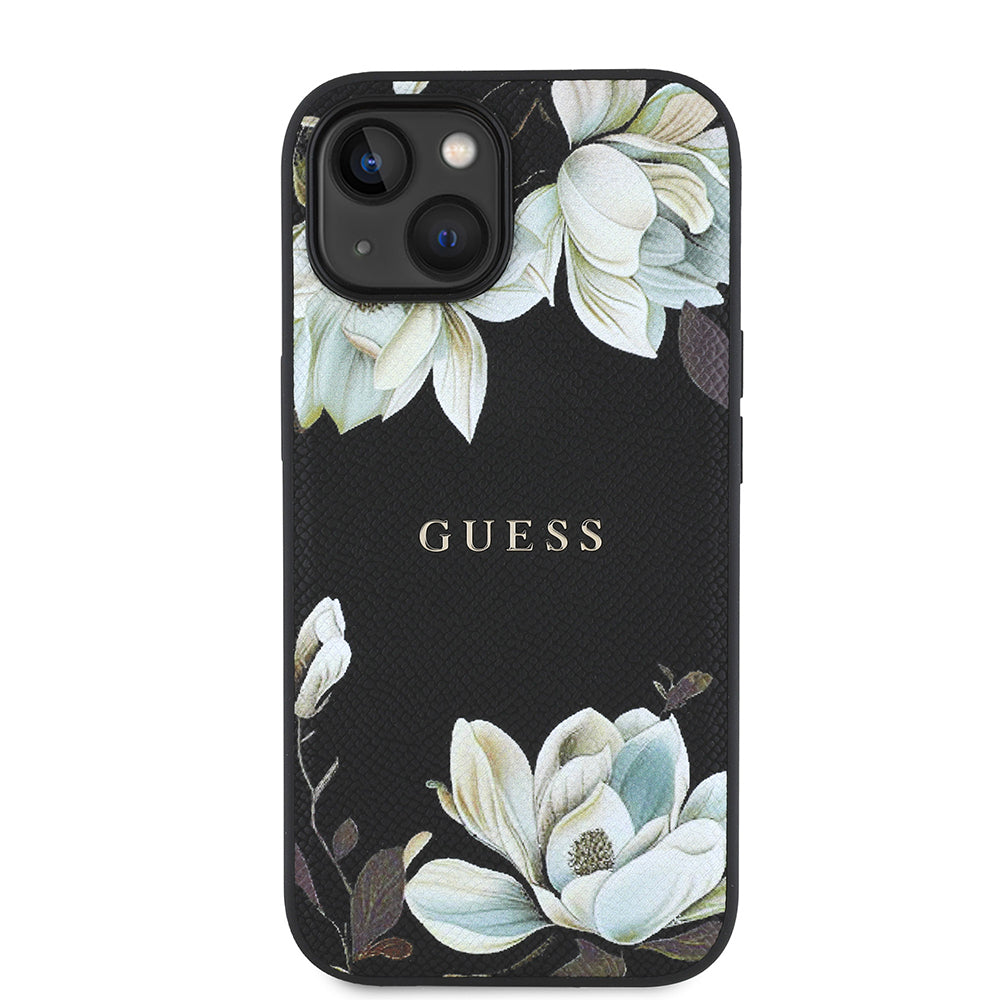 Apple iPhone 15 Kılıf Guess Orjinal Lisanslı M-safe Şarj Özellikli Taneli Çiçek Tasarımlı Metal Yazı Logolu Kapak Pembe
