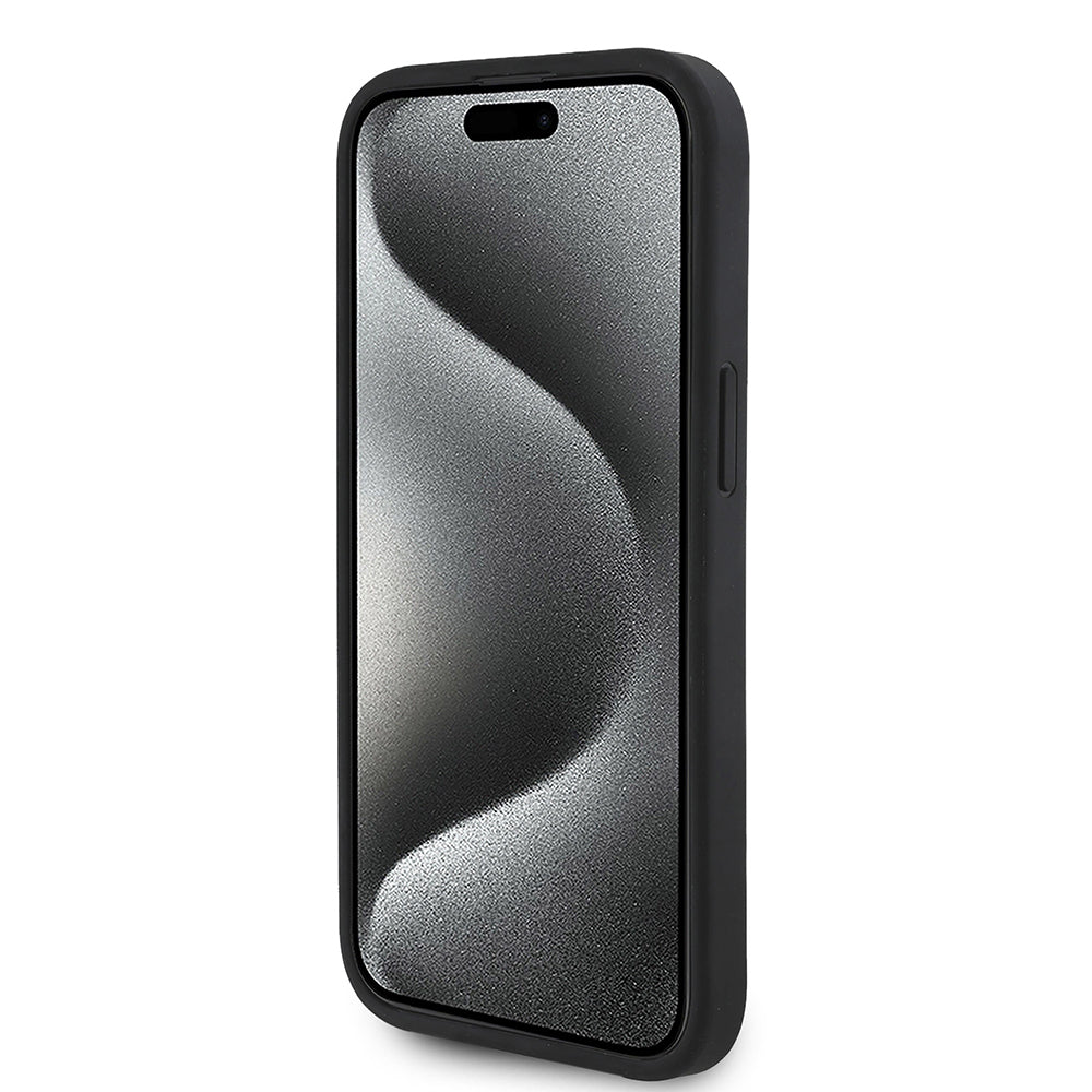 Apple iPhone 15 Kılıf Guess Orjinal Lisanslı M-safe Şarj Özellikli Taneli Çiçek Tasarımlı Metal Yazı Logolu Kapak Pembe