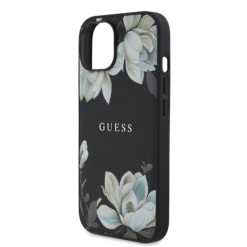 Apple iPhone 15 Kılıf Guess Orjinal Lisanslı M-safe Şarj Özellikli Taneli Çiçek Tasarımlı Metal Yazı Logolu Kapak Pembe