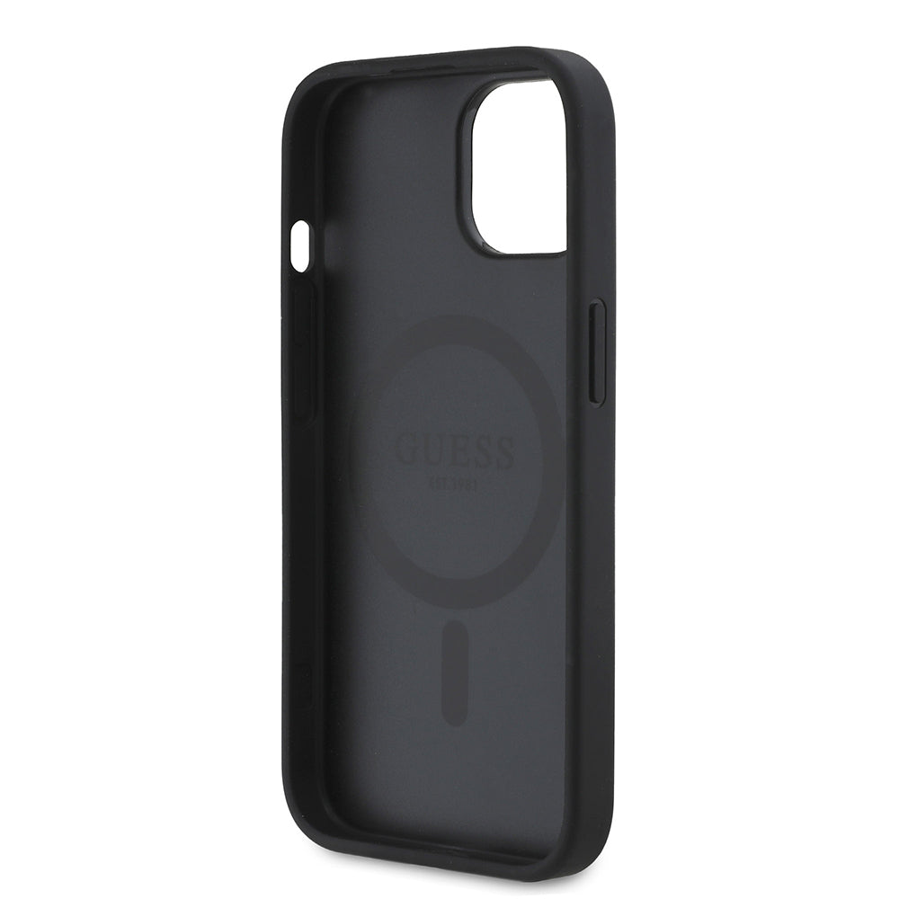 Apple iPhone 15 Kılıf Guess Orjinal Lisanslı M-safe Şarj Özellikli Taneli Çiçek Tasarımlı Metal Yazı Logolu Kapak Pembe