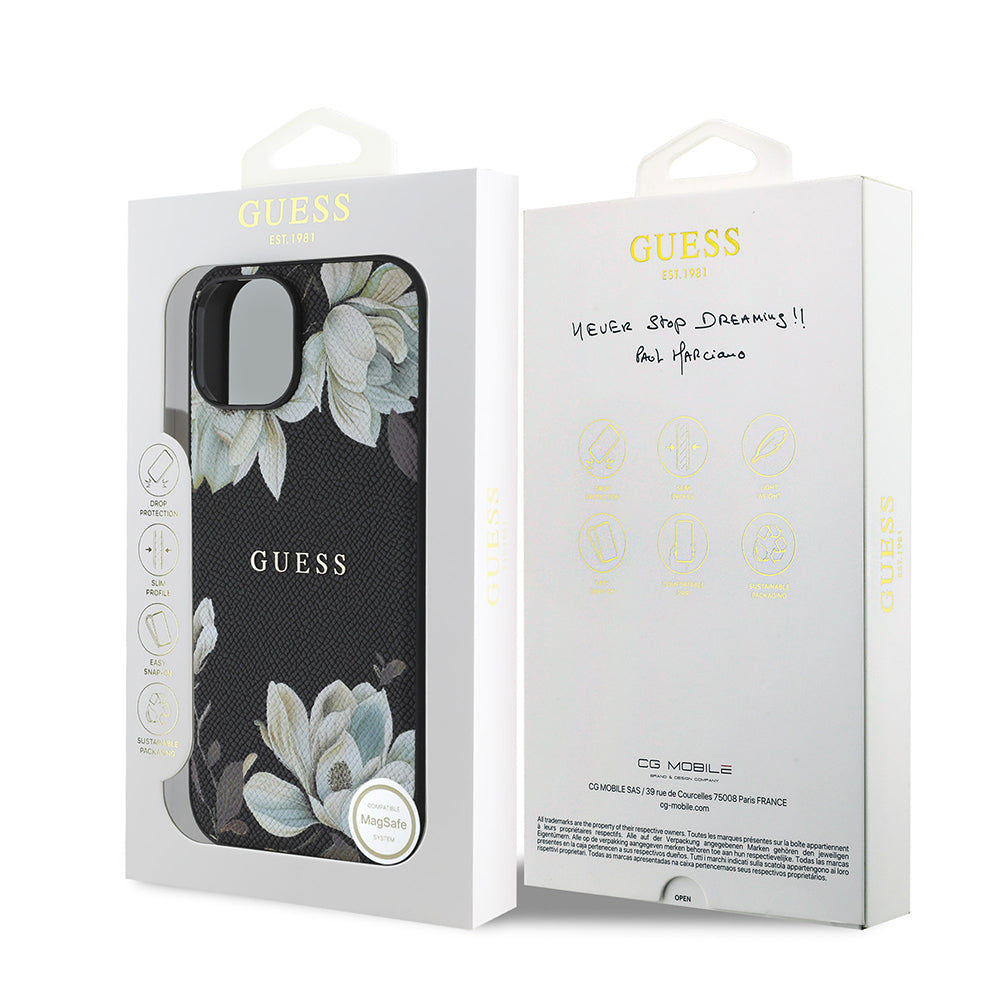 Apple iPhone 15 Kılıf Guess Orjinal Lisanslı M-safe Şarj Özellikli Taneli Çiçek Tasarımlı Metal Yazı Logolu Kapak Pembe