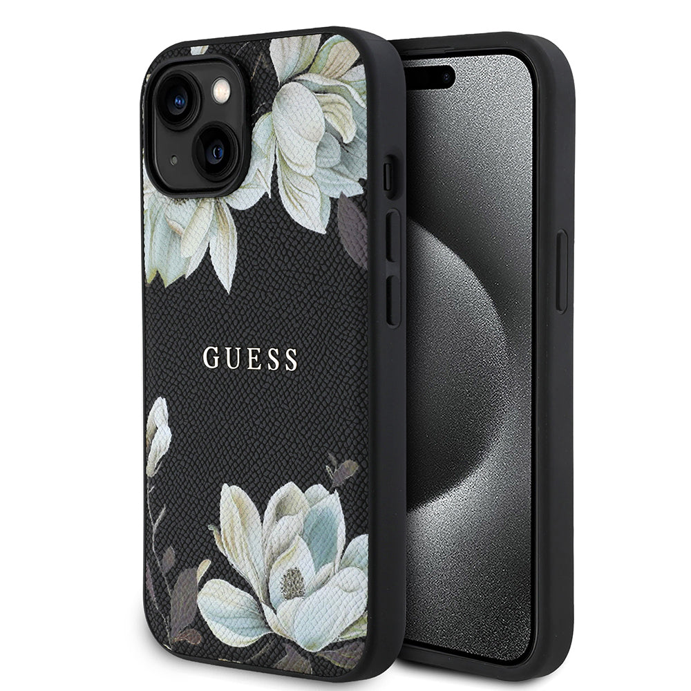 Apple iPhone 15 Kılıf Guess Orjinal Lisanslı M-safe Şarj Özellikli Taneli Çiçek Tasarımlı Metal Yazı Logolu Kapak Siyah