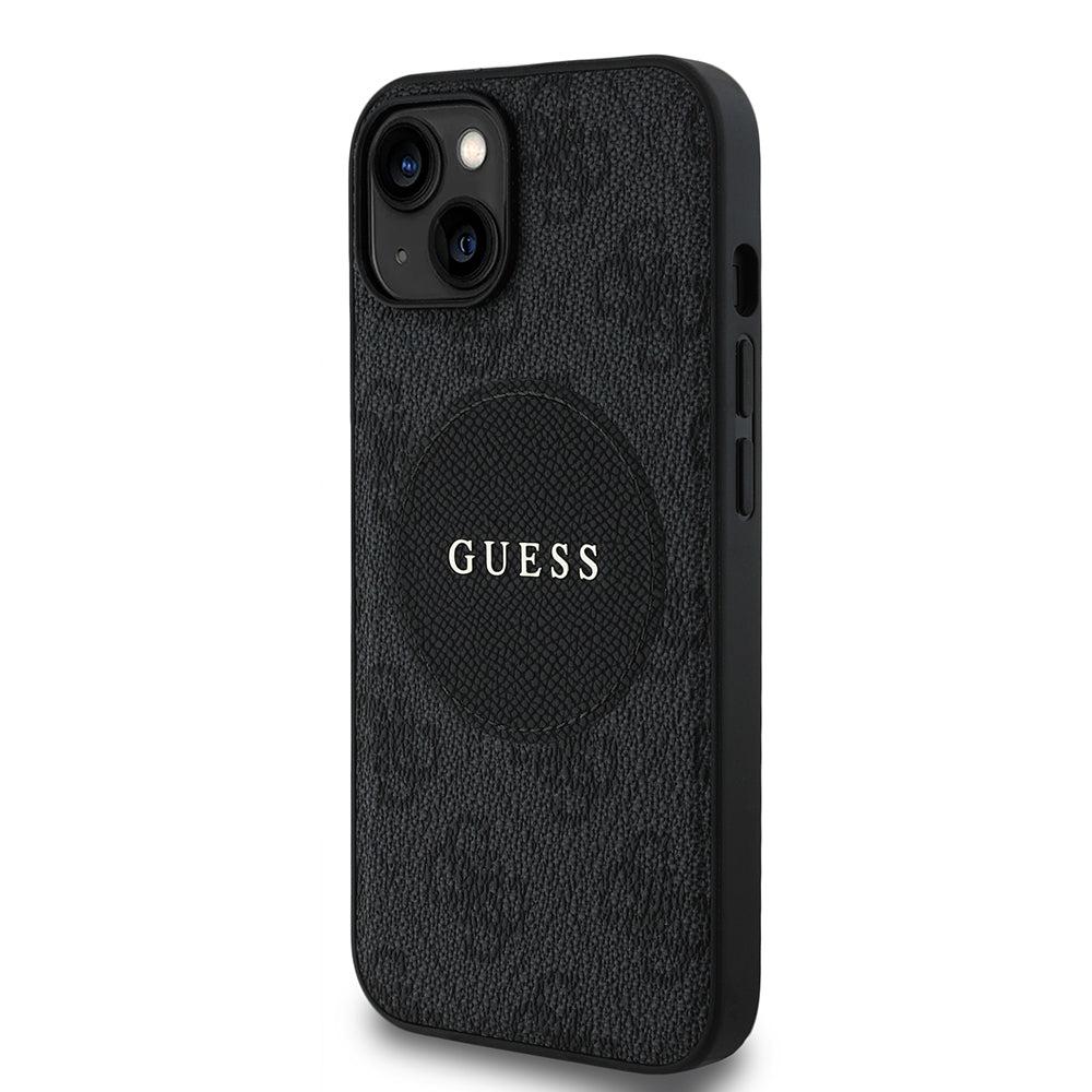 Apple iPhone 15 Kılıf Guess Orjinal Lisanslı M-safe Şarj Özellikli Yazı Logolu Circle Classic Kapak Siyah