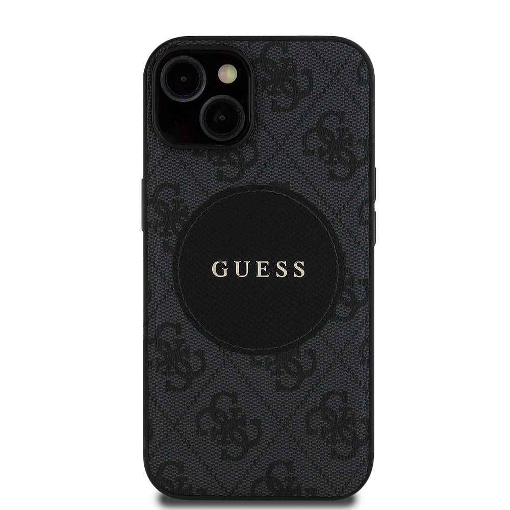 Apple iPhone 15 Kılıf Guess Orjinal Lisanslı M-safe Şarj Özellikli Yazı Logolu Circle Classic Kapak Siyah