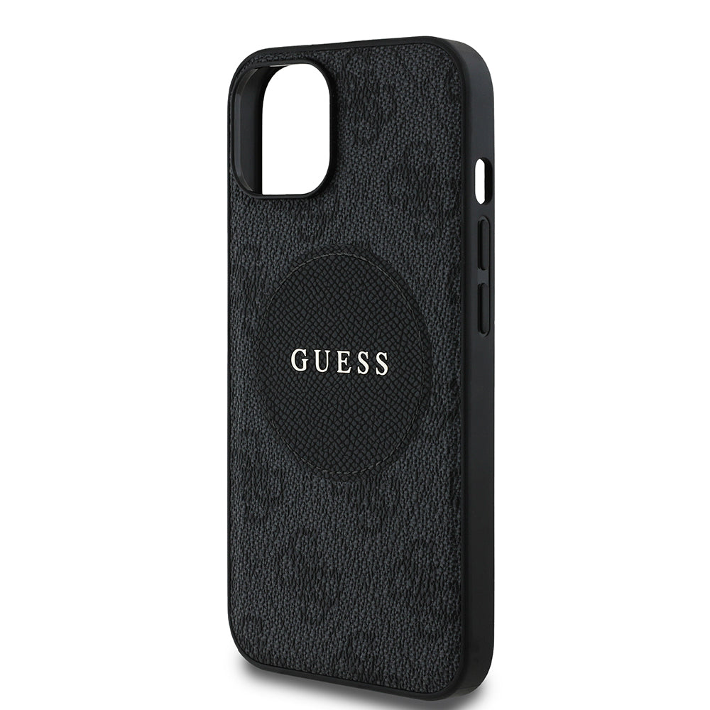 Apple iPhone 15 Kılıf Guess Orjinal Lisanslı M-safe Şarj Özellikli Yazı Logolu Circle Classic Kapak Siyah