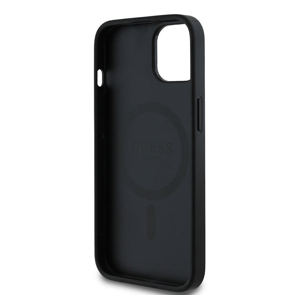Apple iPhone 15 Kılıf Guess Orjinal Lisanslı M-safe Şarj Özellikli Yazı Logolu Circle Classic Kapak Kahverengi
