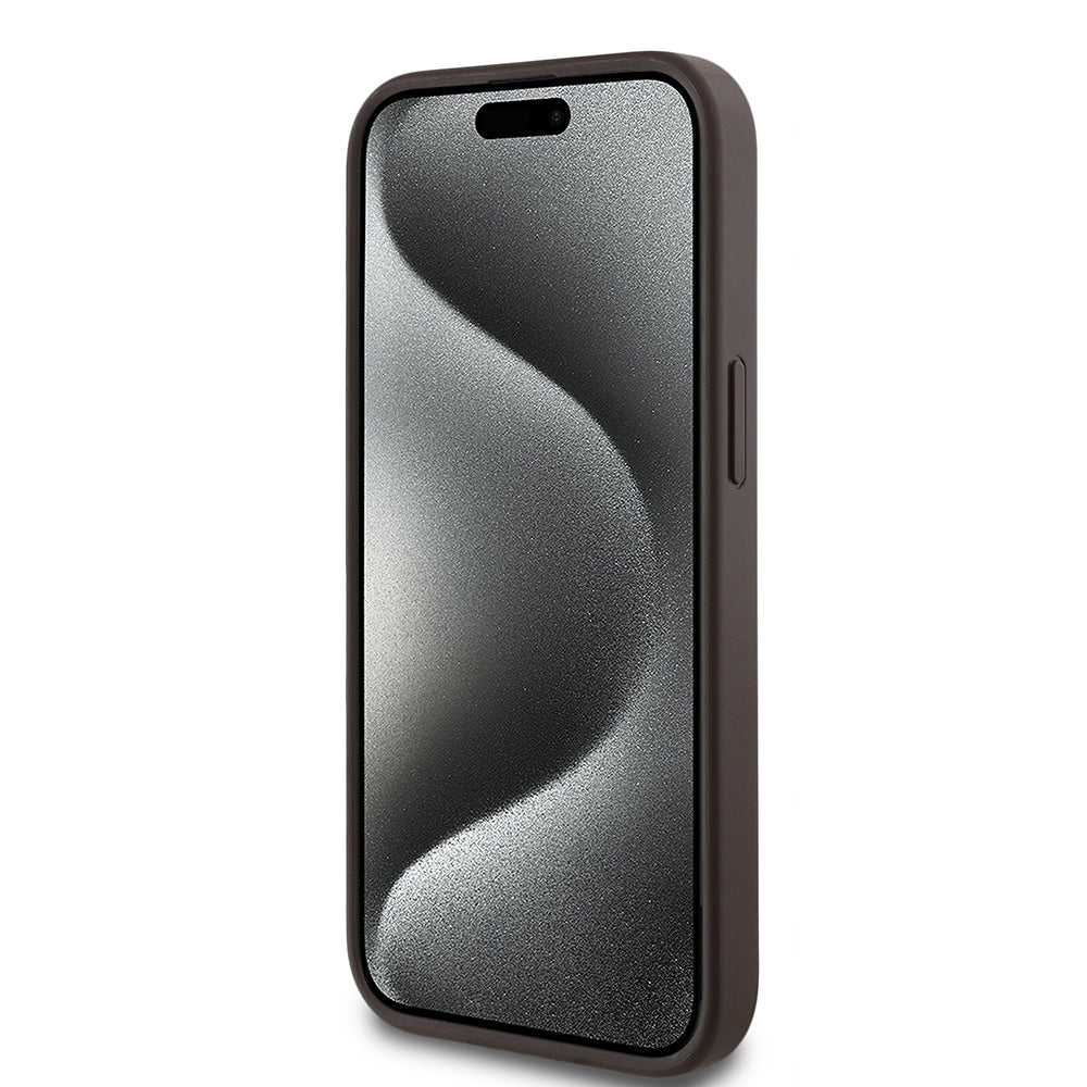 Apple iPhone 15 Kılıf Guess Orjinal Lisanslı M-safe Şarj Özellikli Yazı Logolu Circle Classic Kapak Kahverengi