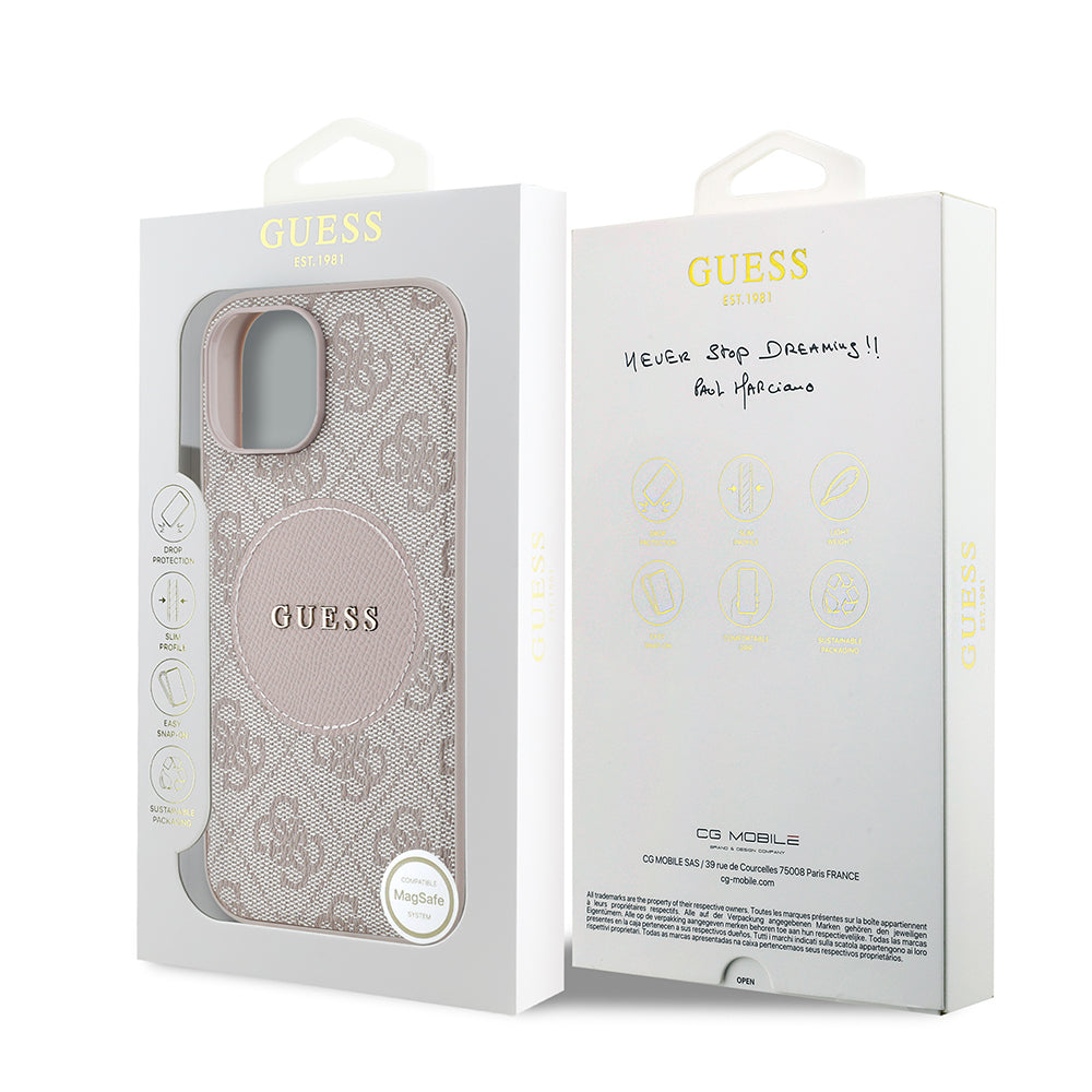 Apple iPhone 15 Kılıf Guess Orjinal Lisanslı M-safe Şarj Özellikli Yazı Logolu Circle Classic Kapak Pembe