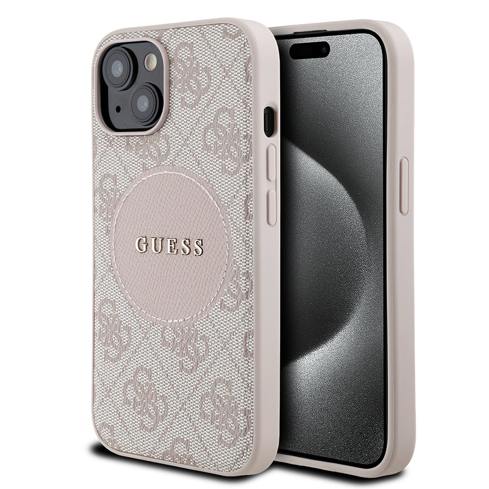 Apple iPhone 15 Kılıf Guess Orjinal Lisanslı M-safe Şarj Özellikli Yazı Logolu Circle Classic Kapak