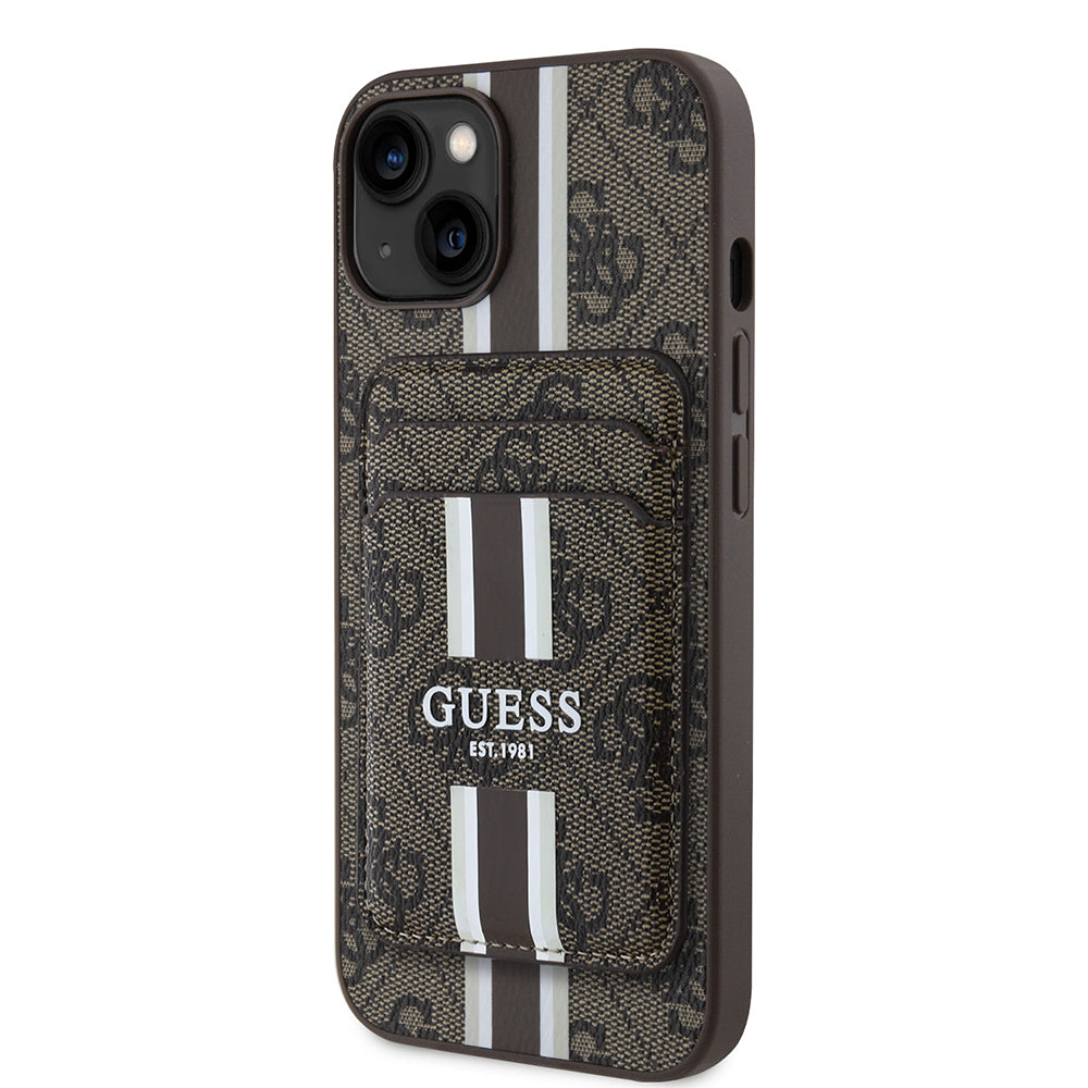 Apple iPhone 15 Kılıf Guess Orjinal Lisanslı M-safe Şarj Özellikli 4G Desenli Çizgili Kartlıklı Kapak Kahverengi