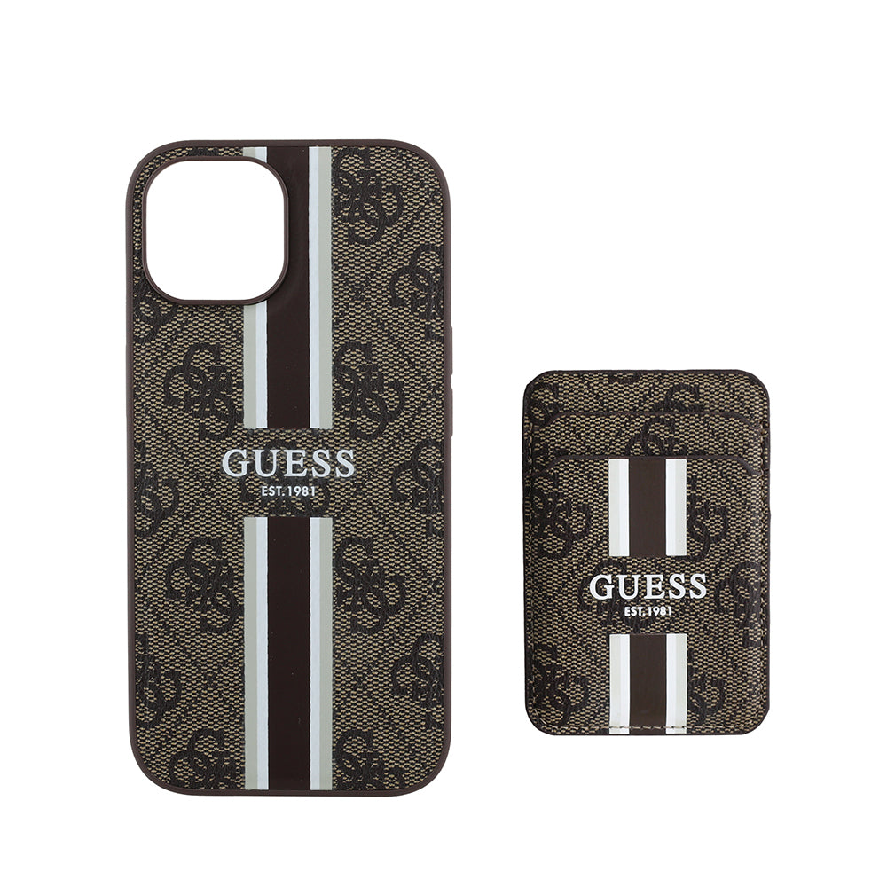 Apple iPhone 15 Kılıf Guess Orjinal Lisanslı M-safe Şarj Özellikli 4G Desenli Çizgili Kartlıklı Kapak Kahverengi