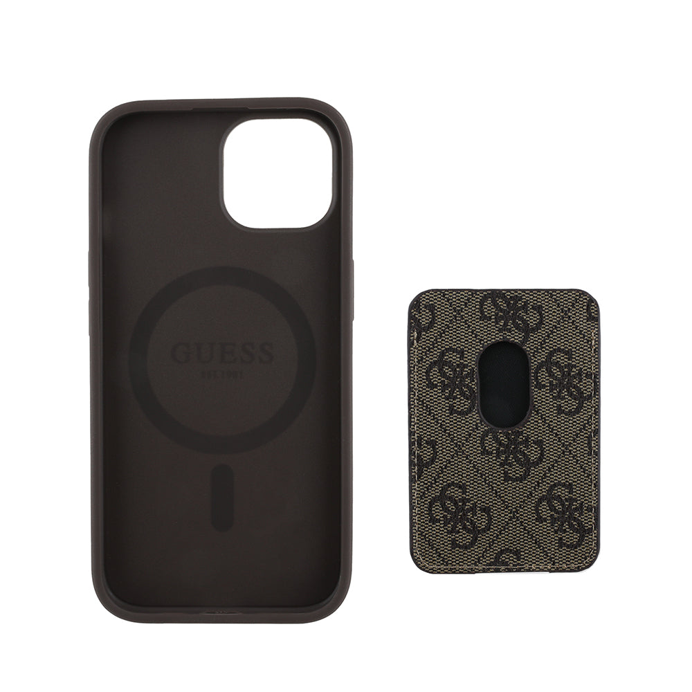 Apple iPhone 15 Kılıf Guess Orjinal Lisanslı M-safe Şarj Özellikli 4G Desenli Çizgili Kartlıklı Kapak Kahverengi